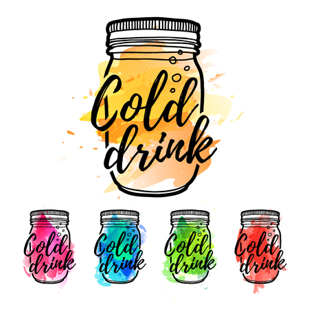 Monochrome logo for bars, restaurants, cafes with watercolor texture. Sign design for a smoothie bar. Symbol for menu smoothie recipes with jar. Vectorのイラスト素材