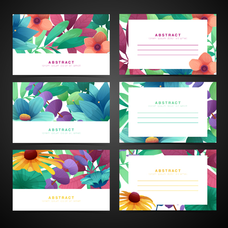 Template design horizontal card set with floral decoration.  Frame with the decor of flowers, leaves. Invitation, postcard, banner with place for text on a white background summer bouquet. Vector.のイラスト素材
