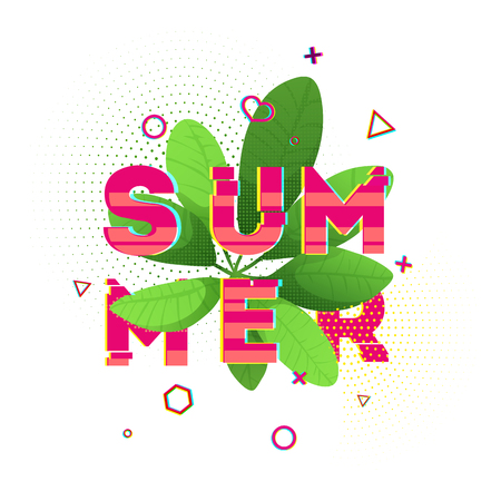 Design banner with pink Summer text. Glitch texture text with plant decoration. Template seasons poster with green leaf and geometric shape on white backgraund. Vector.のイラスト素材