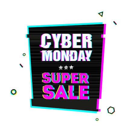 Template design geometric web banner for cyber monday offer. Promotion design in glitch style with geometric particle for cyber saleのイラスト素材