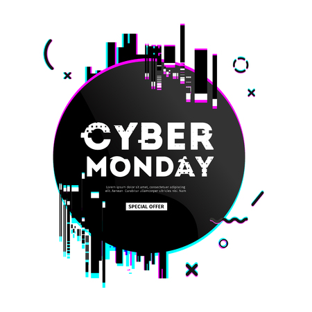 Template design geometric web banner for cyber monday offer. Promotion design in glitch style with geometric particle for cyber sale.のイラスト素材