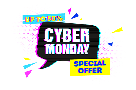 Template design graphic for cyber monday offer. Bubble shape for promotion event in glitch style. Web banner layout with geometric particle and computer noise and grunge texture for cyber sale. Vectorのイラスト素材