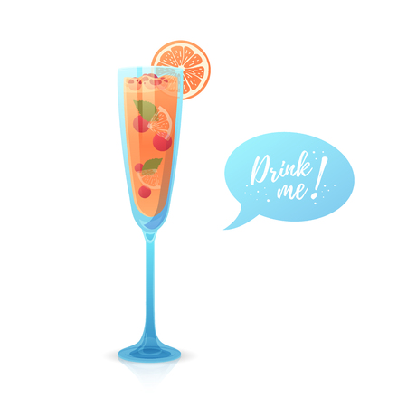 Christmas cocktail with "Drink me" bubble speech. Illustration with a glass of new year alcoholic drink or champagne with berries and fruits. Vector.のイラスト素材