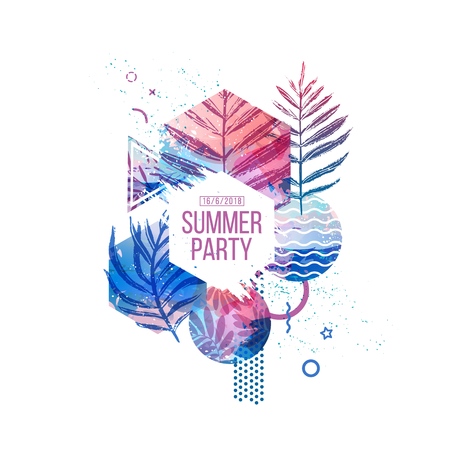 Template geometric design for summer season sales. Layout with geometric elements, watercolor texture and tropical leaf. Modern banner with  decor leaves and flowers for party or offer. Vectorのイラスト素材