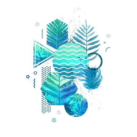 Template geometric design for summer season sales. Abstract background with watercolor texture and tropical leaf. Modern banner with decor  exotic plants and wave for party and advertisement. Vector.のイラスト素材