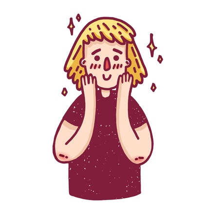 Design a banner with a cute blonde girl. A poster with a cartoon character of a woman receiving a compliment. A beautiful face with emotions of joy and embarrassment. Vector.のイラスト素材