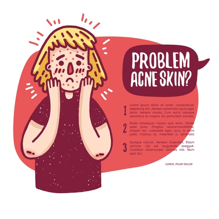 Design banner with cute teen girl about problem skin. Young woman with acne. Template  infographics about dermatological problems. A cartoon female character with pimples and irritation skin. Vectorのイラスト素材