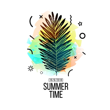 Modern poster design for time of summer advertising. Template with a tropical plant decoration and watercolor stains for summer offer. Poster for seasonal sale with silhouette of a palm leaf. Vectorのイラスト素材