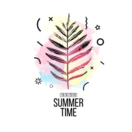 A modern poster design for summer advertising. A template with a tropical leaf decoration and watercolor stains for a summer offer. Poster for seasonal sale with silhouette of a plant. Vectorのイラスト素材
