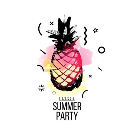 Modern poster design for a summer party. A template with a decor of tropical pineapple fruit and watercolor stains for a summer event. Print for advertising with silhouette of an exotic fruit. Vector.のイラスト素材