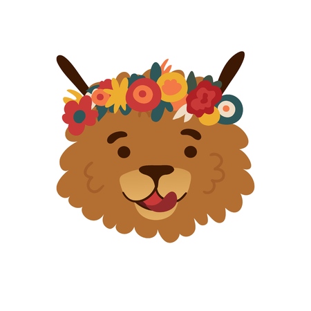 Spring avatar design with a cute cartoon dog in a floral wreath. Summer print with a funny character puppy face and flower decore. Vectorのイラスト素材