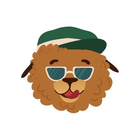 Summer avatar design with a cute cartoon dog on vacation in a green cap and sunglasses. Summer print with a funny character puppy face. Vectorのイラスト素材