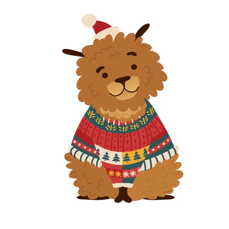 Print cartoon dog in a christmas hat and warm sweater. The poster design Merry Christmas with a cheerful doggy for happy holiday. Template for a cute new year card. Vector.のイラスト素材
