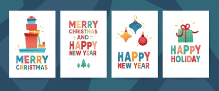 Design greeting card for Merry Christmas. Collection postcard for New Year holiday with gift box,present, garland nad Christmas wreath. Set template invitation with xmas illustration. Vector.のイラスト素材