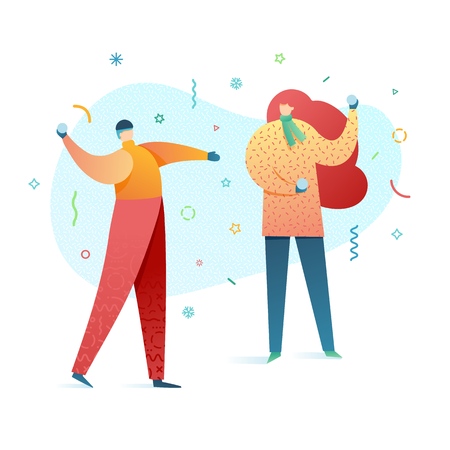 Design happy new year illustration young couple playing snowballs. Cute flat family character for christmas banner in modern style. Winter activity outdoors. Happy holiday poster with friends. Vectorのイラスト素材