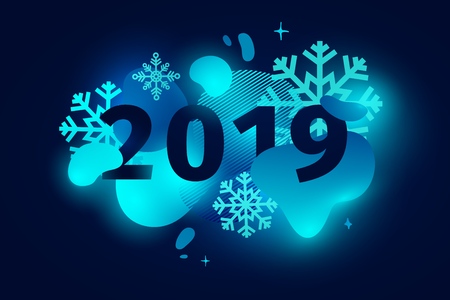 Horizontal abstract geometric design for the happy new year 2019. Holiday offer banner with vector liquid form and decor snowflakes on dark background. Blue template graphic with fluid dynamic shapeのイラスト素材
