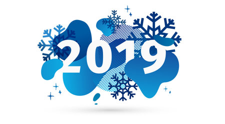 Horizontal abstract geometric design for happy new year 2019. Holiday offer banner with vector liquid form and decor snowflakes on background. Blue template graphic elements with fluid dynamic shapeのイラスト素材