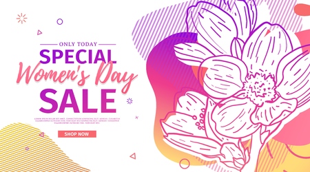 Modern Template design for 8 march event.  Promotion banner  for international womens day offer with flower decoration.  Line illustration blossom with abstract geometric shape for sale. Vectorのイラスト素材