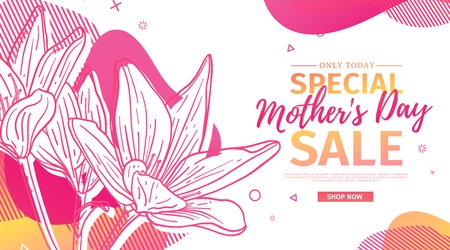 Modern Template design for Mom day banner. Promotion layout for mothers day offer with flower decoration. Line illustration  floral blossom with abstract geometric shape for sale. Vector.のイラスト素材