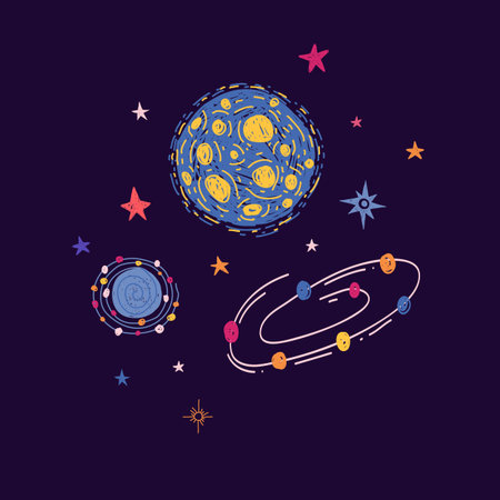 Space elements in cute doodle style. Hand-drawn cosmic planets, stars and universe elements for...