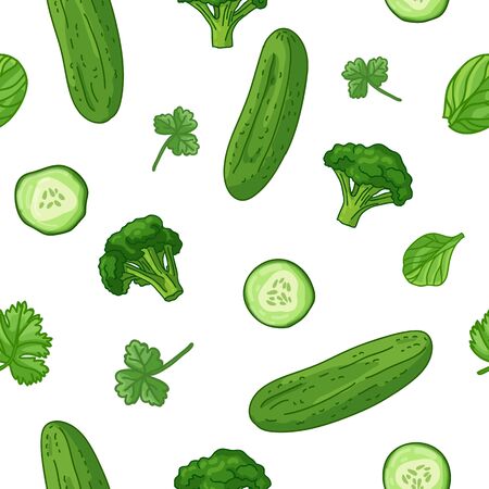 Seamless design food green pattern. Wallpaper with vegetable organic food. Backdrop for fabric and textile design with cucumber, broccoli and parsley. Background with nature fresh food. Vectorのイラスト素材