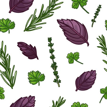 Seamless design seasoning pattern. Backdrop with fresh herb. Background with rosemary, basil leaf, parsley and thyme twig. Wallpaper healthy herbs. Vectorのイラスト素材