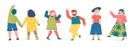 Set spring and summer of joyful and cute characters. illustration concept with cartoon people. Couple dancing, girl in a hat, young black woman in a skirt. Vector.のイラスト素材