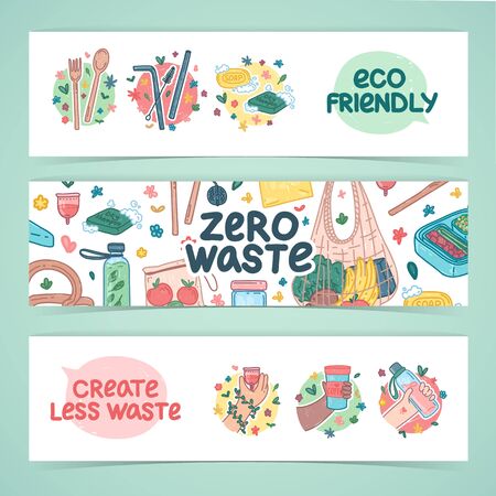 Zero waste lifestyle design. Eco friendly banner concept with recyclable and reusable products. Create lees waste illustration. Cartoon doodle style. No plastic. Vectorのイラスト素材