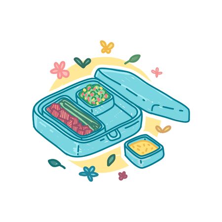 Reusable stainless steel lunch box icon in cartoon doodle style. Zero waste life concept. Hand drawn design with nature organic flower decoration. No plastic style. Vectorのイラスト素材