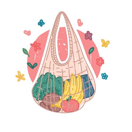 Mesh market reusable bag icon in cartoon doodle style. Zero waste life concept. Hand drawn design with nature organic flower decoration. No plastic style. Vectorのイラスト素材