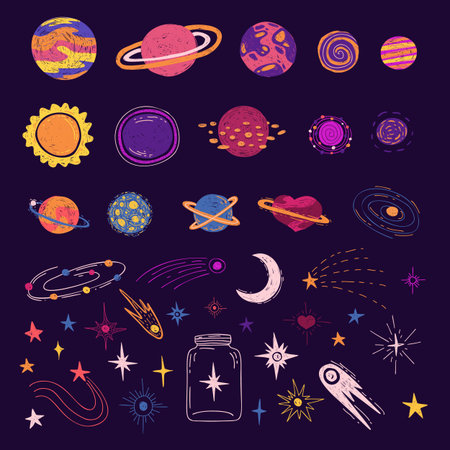 Set of cute cartoon planets, space bodies, stars. Print design with stars, planets, constellations and universes. Vectorのイラスト素材