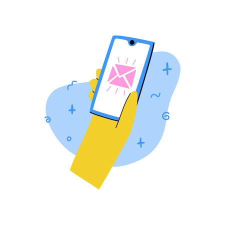 Cartoon hand holds a telephone. Icon of a gesture of holding a smartphone with a mail. Modern style. Vectorのイラスト素材