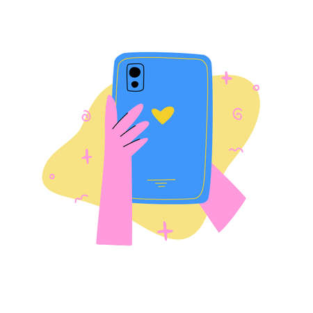 Cartoon human hand holds a tablet. Modern color style. Vectorのイラスト素材