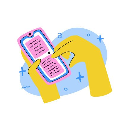 Cartoon hand holds a telephone. Icon of a gesture of holding a smartphone with a chat. Modern style. Vectorのイラスト素材