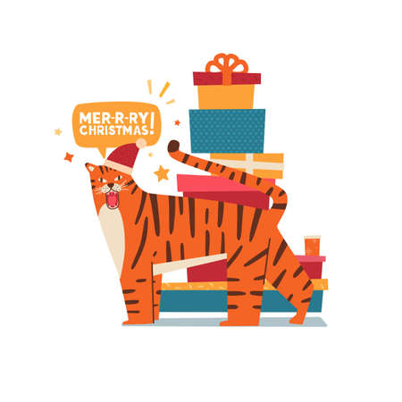 Cute christmas tiger illustration. Tiger in santa hat with gift. New year postcard of symbol 2022 year. Vectorのイラスト素材