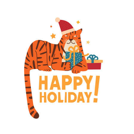Cute christmas tiger illustration. Tiger in santa hat with gift. New year postcard of symbol 2022 year. Vectorのイラスト素材