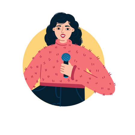 Stand-up show. Speech by a girl with a microphone. Character design. Vectorのイラスト素材