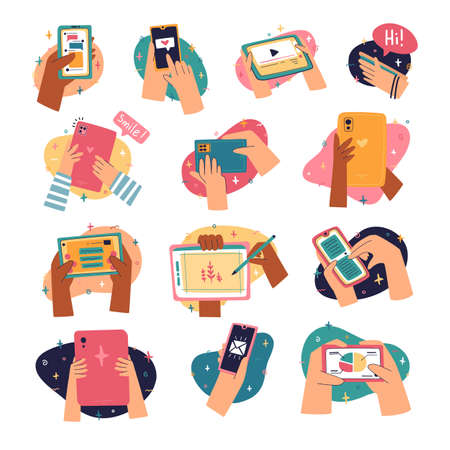 Set of icons with cartoon human hands and gadgets. Gestures with smartphone, phone and tablet. Cartoon modern style. Vectorのイラスト素材