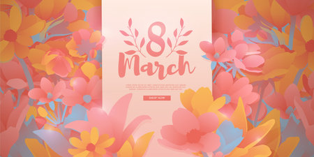 Banner for the International Womens Day. Flyer for March 8 with the decor of flowers. Invitations...