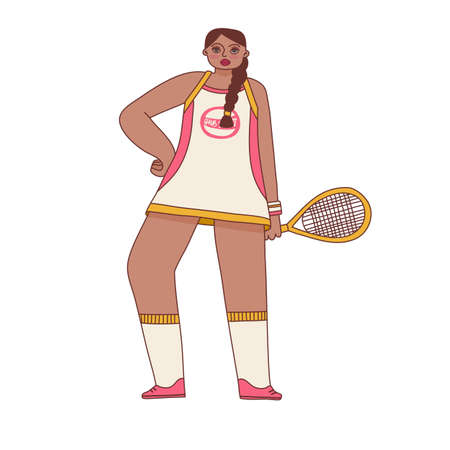 Illustration of a cheerful girl doing sports. Cartoon doodle tennis player with a racket in a sports uniform. Vector.のイラスト素材