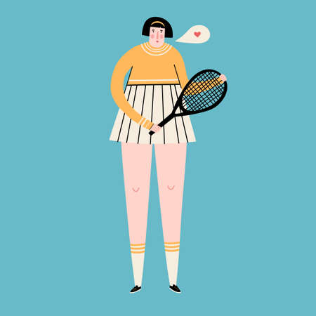 Cute female athlete. Cartoon doodle tennis player with a racket in a sports uniform. Vector.のイラスト素材