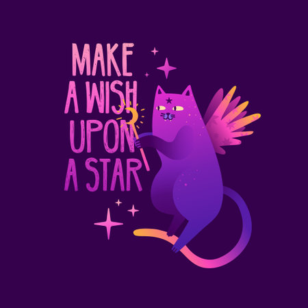 Cute illustration with mystical shiny cat. Magic characters of cat with stars and wings. Esoteric cartoon neon style. Cute cats for printing on fabric. Vector.のイラスト素材