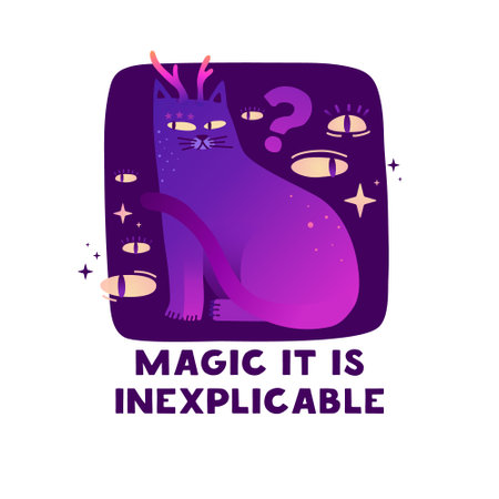 Cute illustration with mystical shiny cat. Magic characters of cat with stars and wings. Esoteric cartoon neon style. Cute cats for printing on fabric. Vector.のイラスト素材