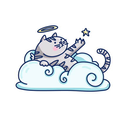 Isolated illustration of a cute angel cat on the clouds. Cartoon style. Vectorのイラスト素材
