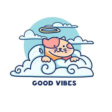 Cute illustration with fluffy angel cat on cloud. Print for children room. Illustration of kitty in sky for textile. Vectorのイラスト素材