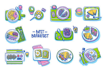 Doodle illustration of a breakfast dish. Delicious and healthy morning food. Set of illustrations with different breakfast dishes. Vectorのイラスト素材