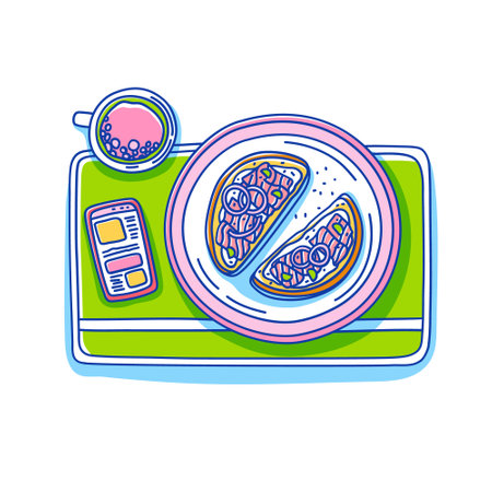 Doodle illustration of a breakfast dish. Delicious and healthy morning food. Sandwich with cream cheese and salmon slices. A cup of coffee. Vectorのイラスト素材