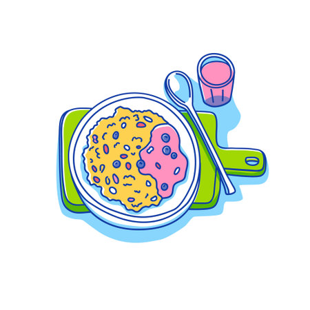 Doodle illustration of a breakfast dish. Delicious and healthy morning food. Oatmeal with jam and berries, glass with juice. Vectorのイラスト素材