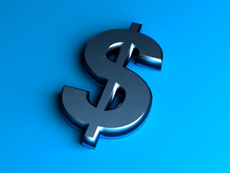 3d metal dollar symbol  on blue backgroundの写真素材