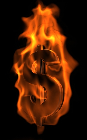 Metal dollar sign in fire with flamesの写真素材